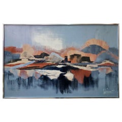 Vintage Large Abstract Landscape Painting by Lee Reynolds with Blues, Oranges, Pastels
