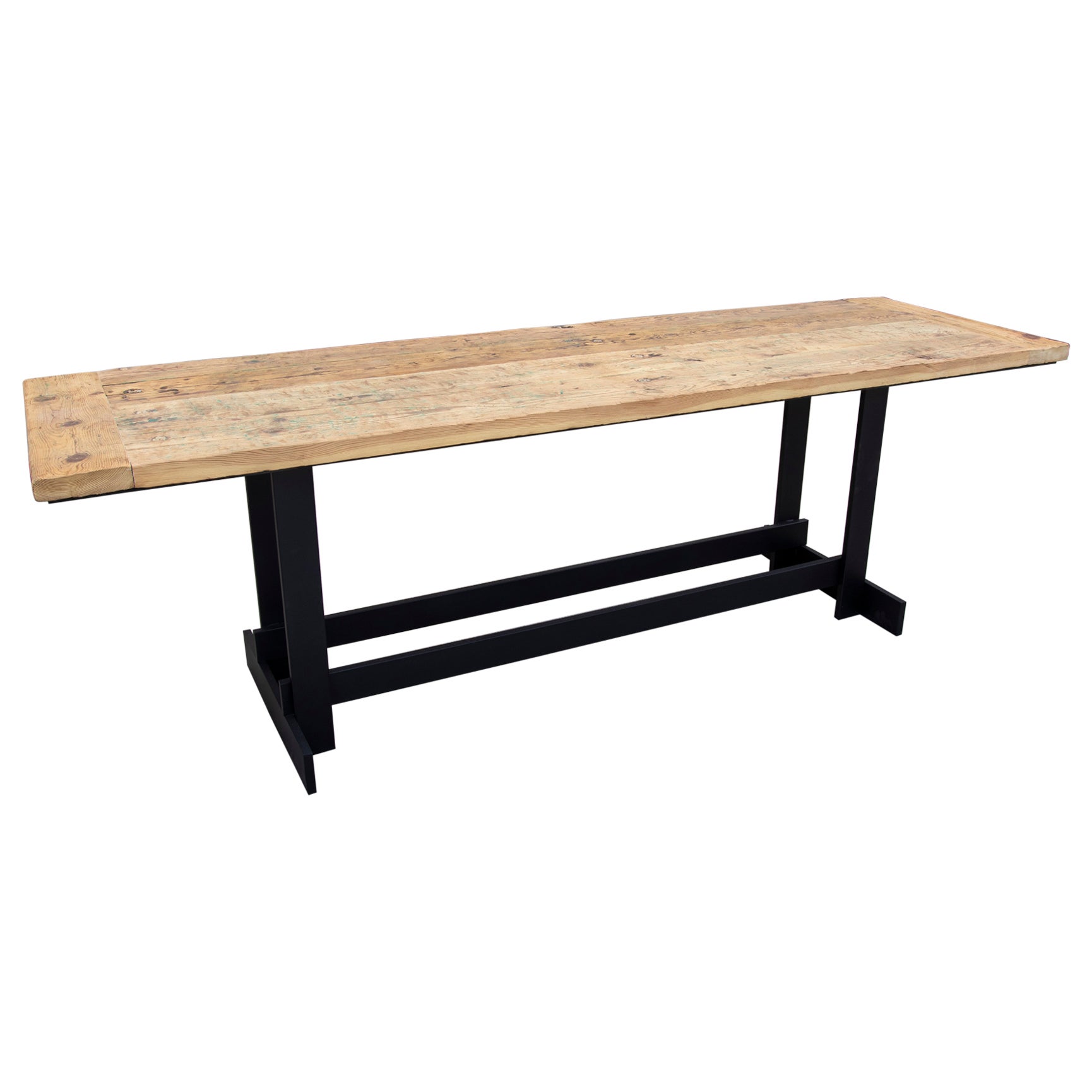 Table console avec base en fer et plateau en bois rustique en vente