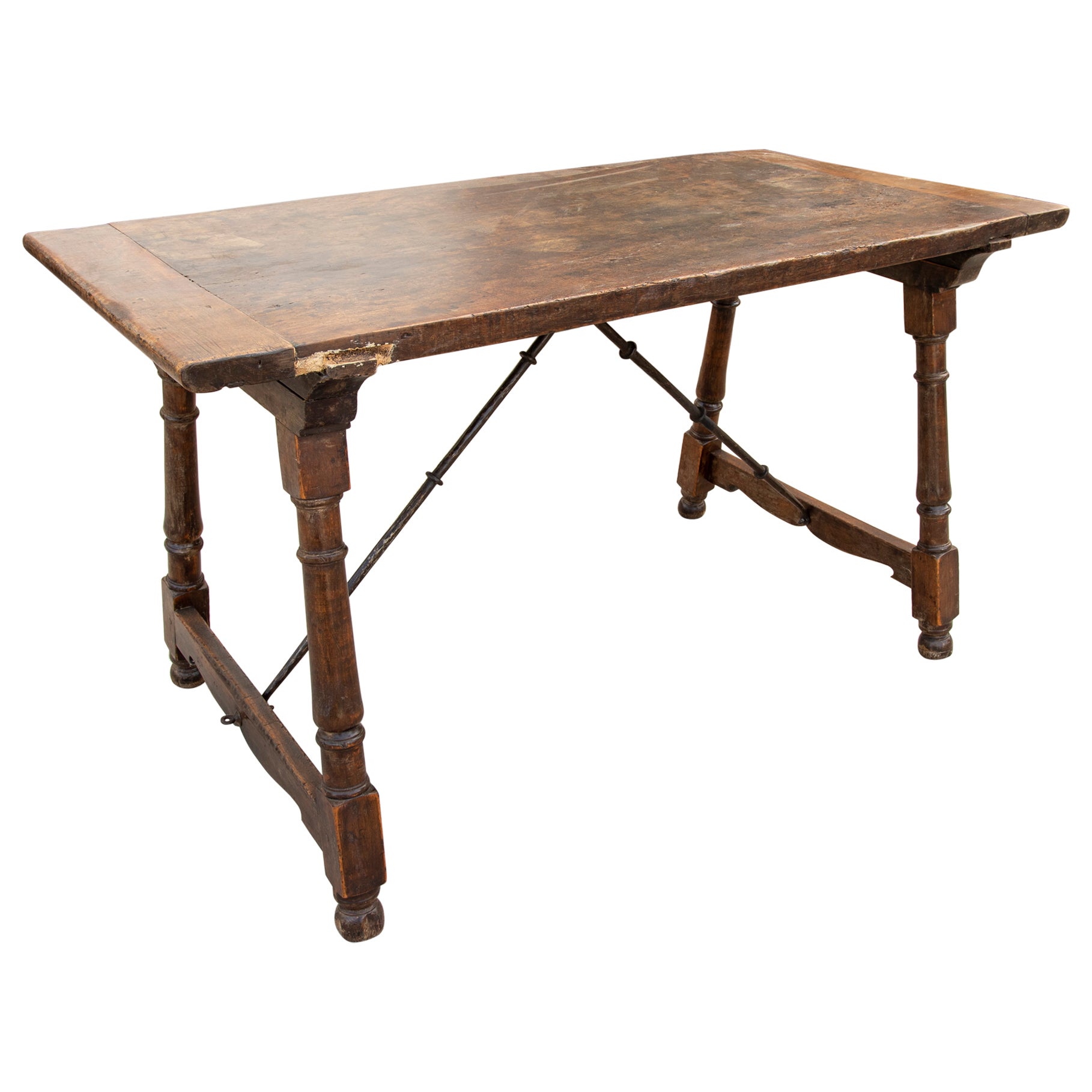 19th Century Spanish Walnut Table with Iron Crossbeams For Sale