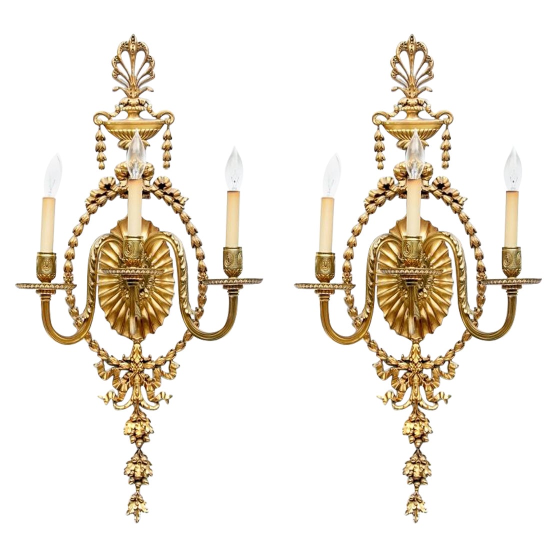 Pair of Large Scale Gilt Adam Style Three Light Electric Sconces