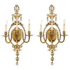 Pair of Large Scale Gilt Adam Style Three Light Electric Sconces