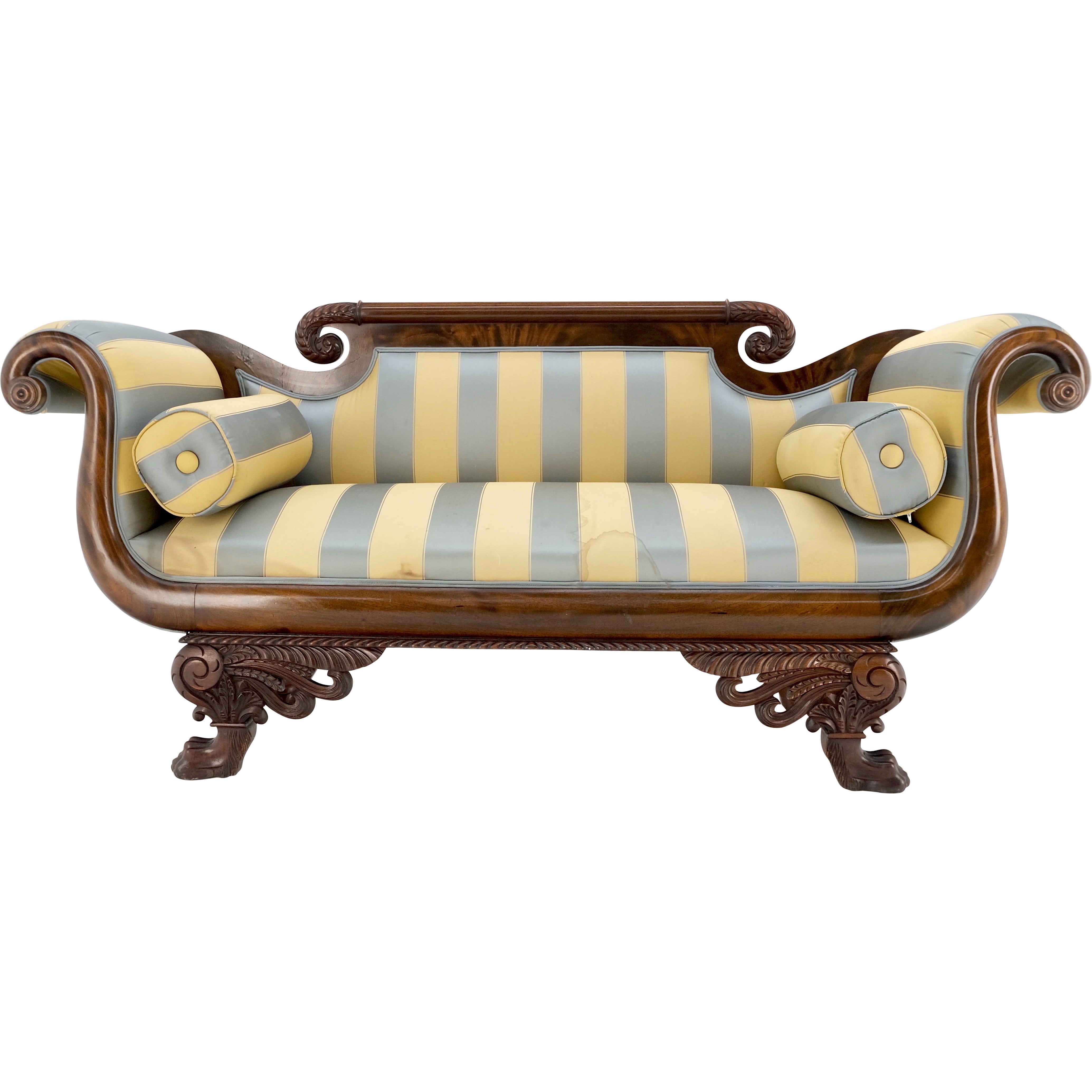 Mint Condition Empire Sofa Sette Loveseat Couch Fine Carved Details Lions Feet en vente