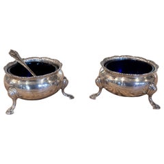 Retro 1970s English Pair of Silver and Crystal Salt Cellars with Harrods Hallmarking