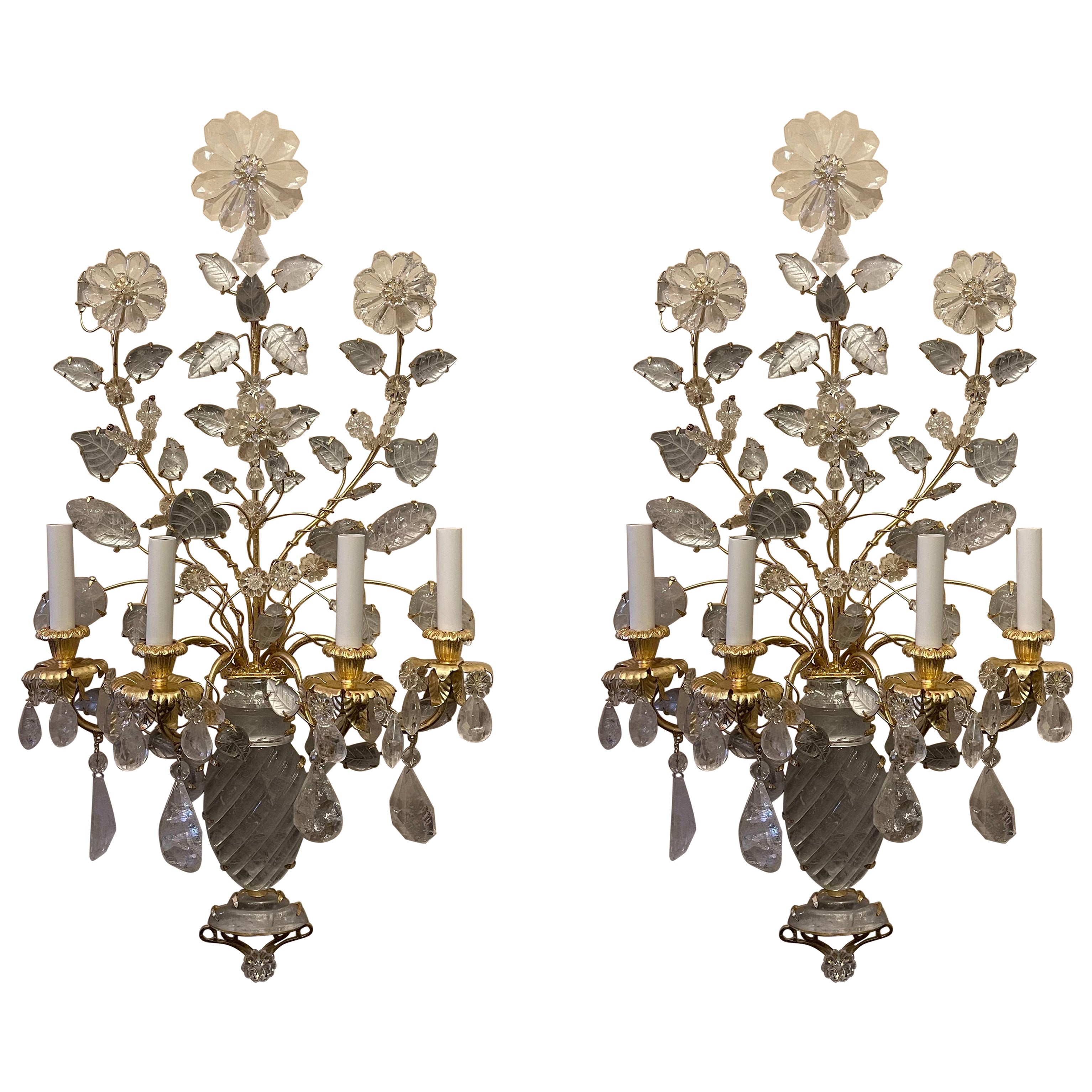 Wonderful Large Pair French Gold Gilt Rock Crystal Flower Urn Baguès Sconces For Sale