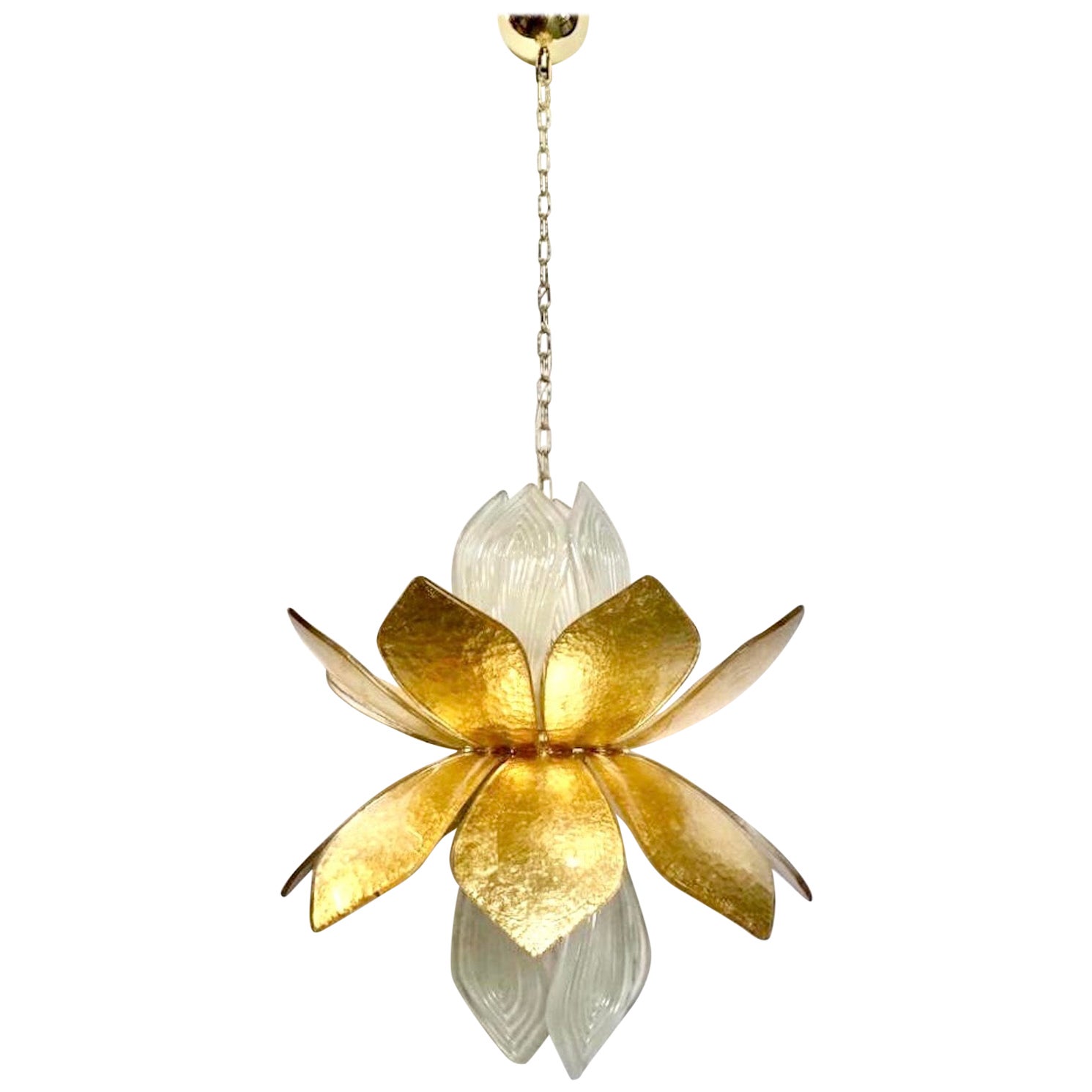 Contemporary Italian Brass Gold Leaf Murano Glass Flower Chandelier Pendant For Sale