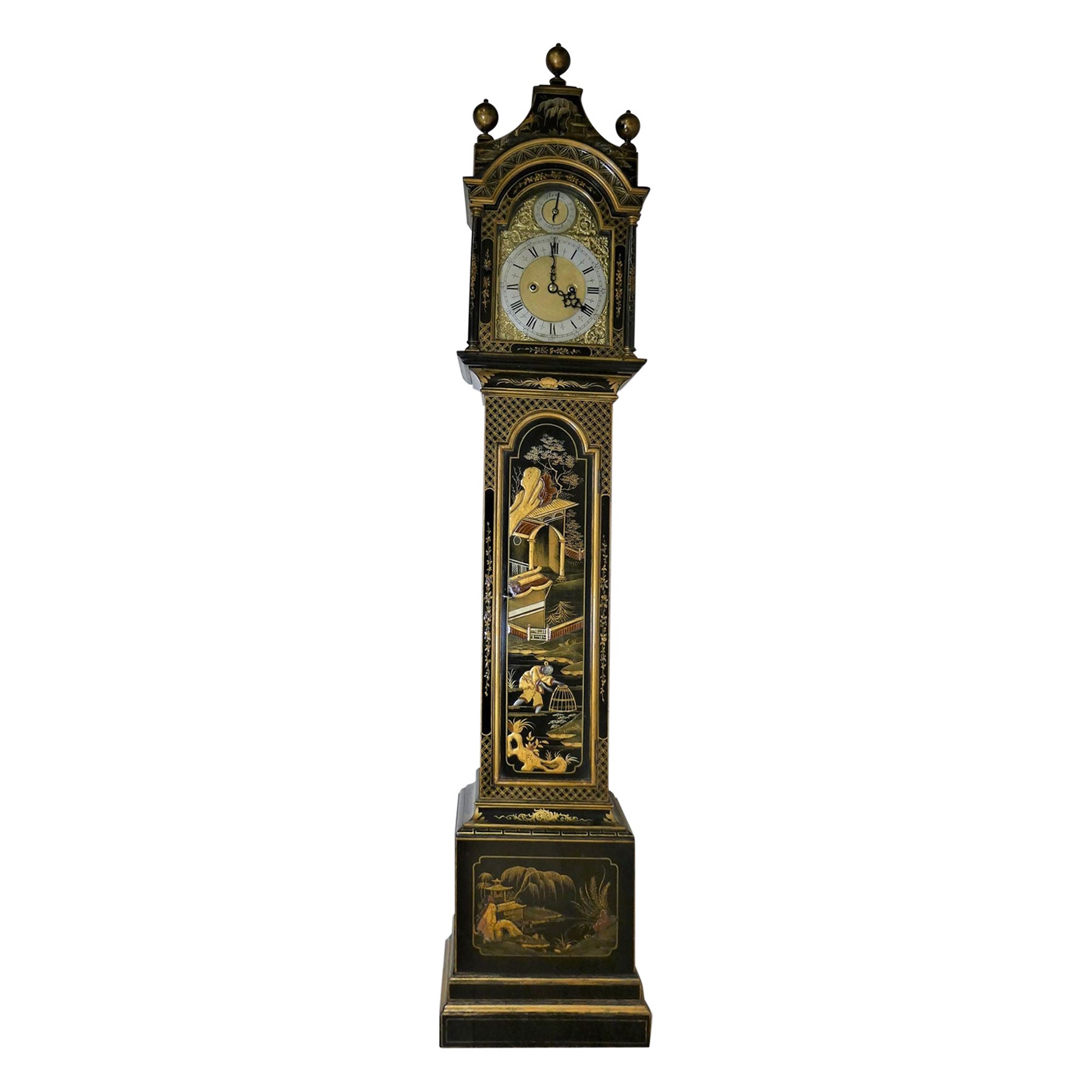 Horloge grand-mère édouardienne décorée de chinoiseries à effet de poids