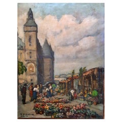 Antique Ludovico Gignoux " Market in Paris " Signed, Early 20th Century