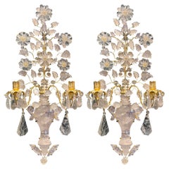 Pair of Gilt Bronze and Rock Crystal Two Light Sconces with Florals