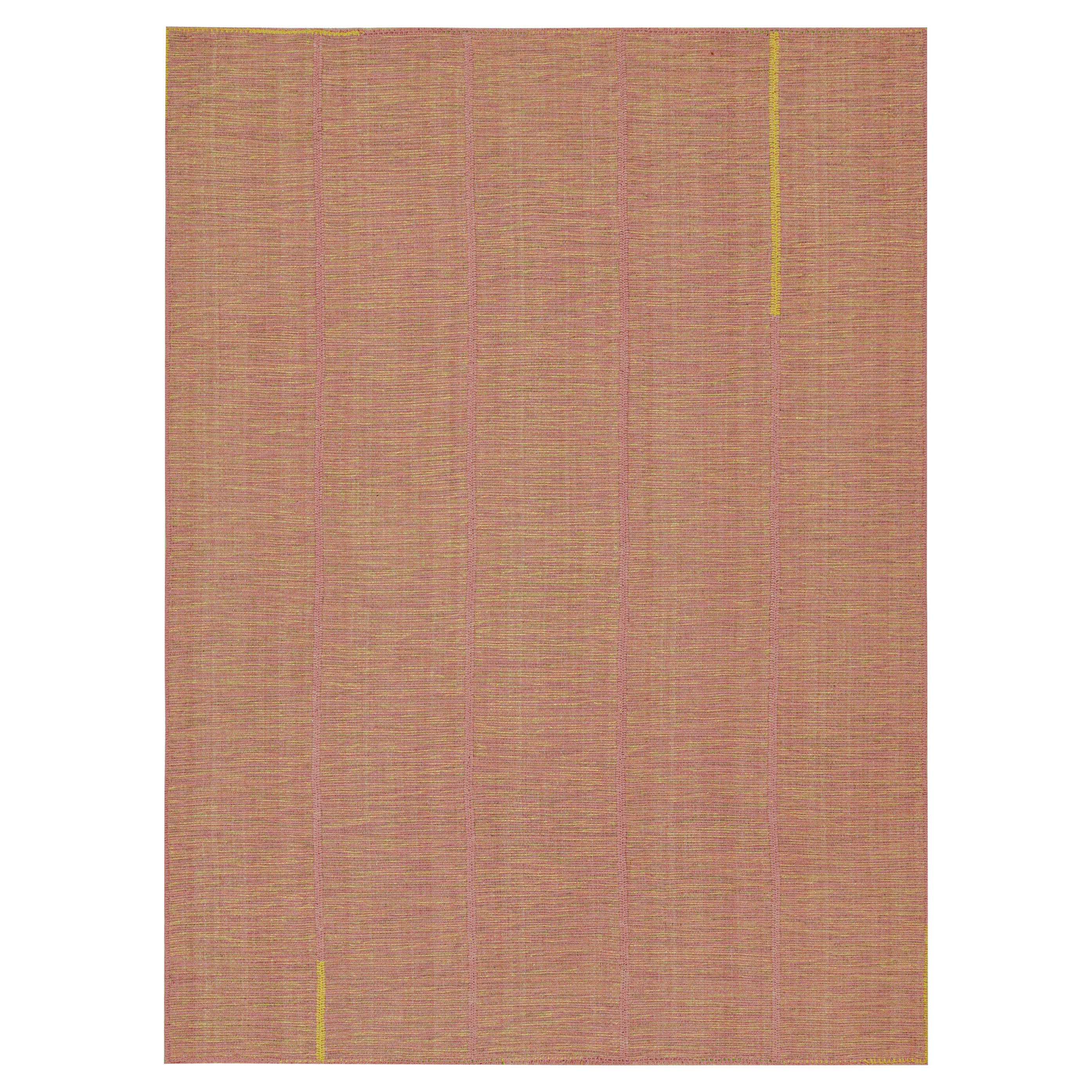 Rug & Kilim’s Contemporary Kilim Rug in Pink with Gold and Chartreuse Accents For Sale