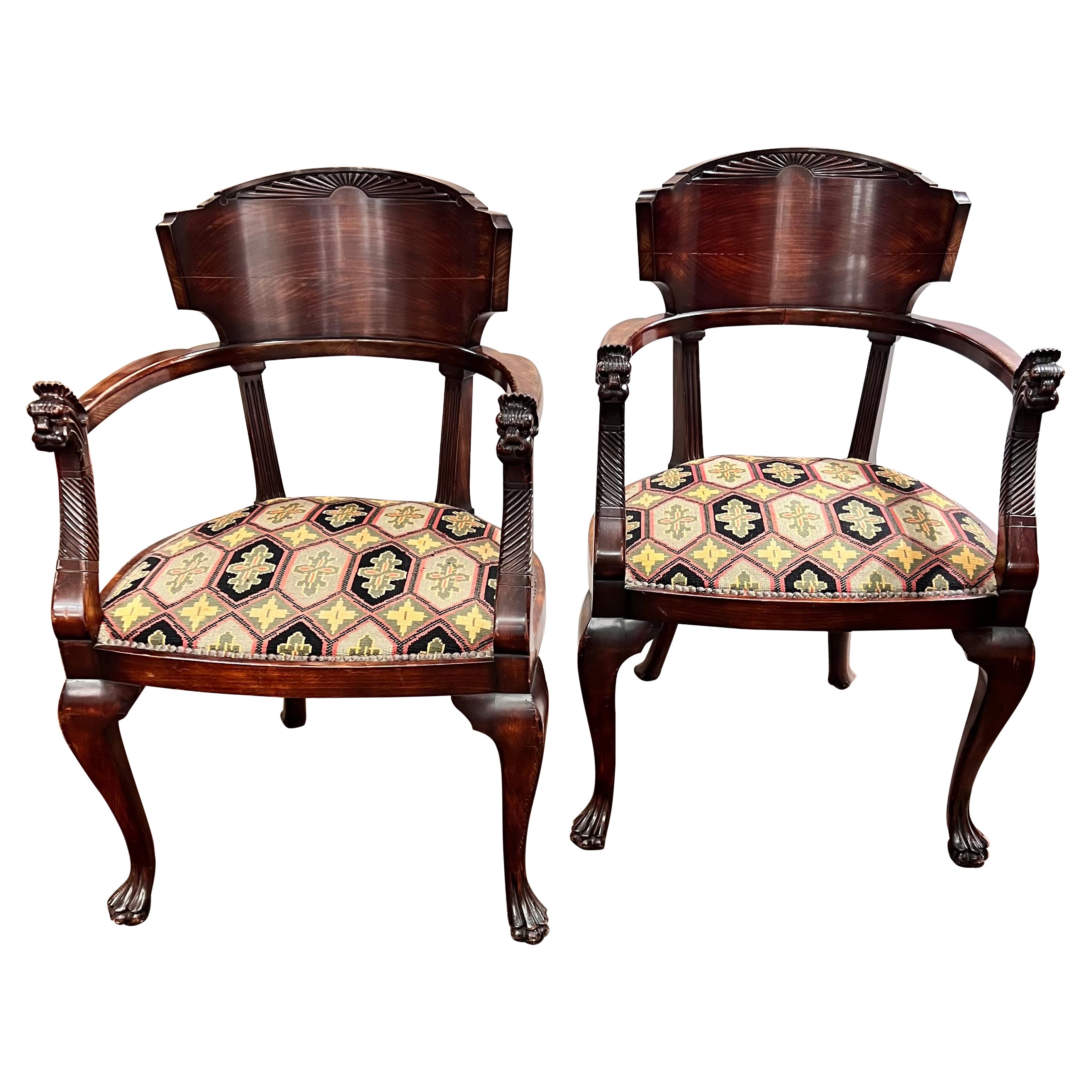 1850s European Empire Mahogany Pair Armchairs with Griffin God Face and Feet For Sale