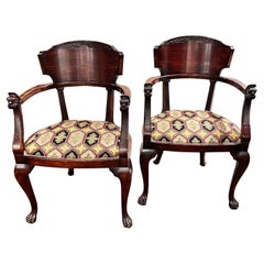 1850s European Empire Mahogany Pair Armchairs with Griffin God Face and Feet