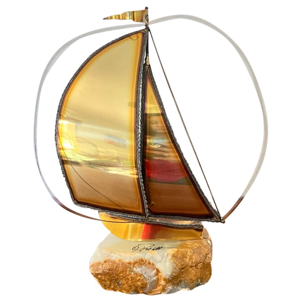 Vintage Mid-Century Modern Onyx and Brass Sailboat, Signed by Artist For Sale