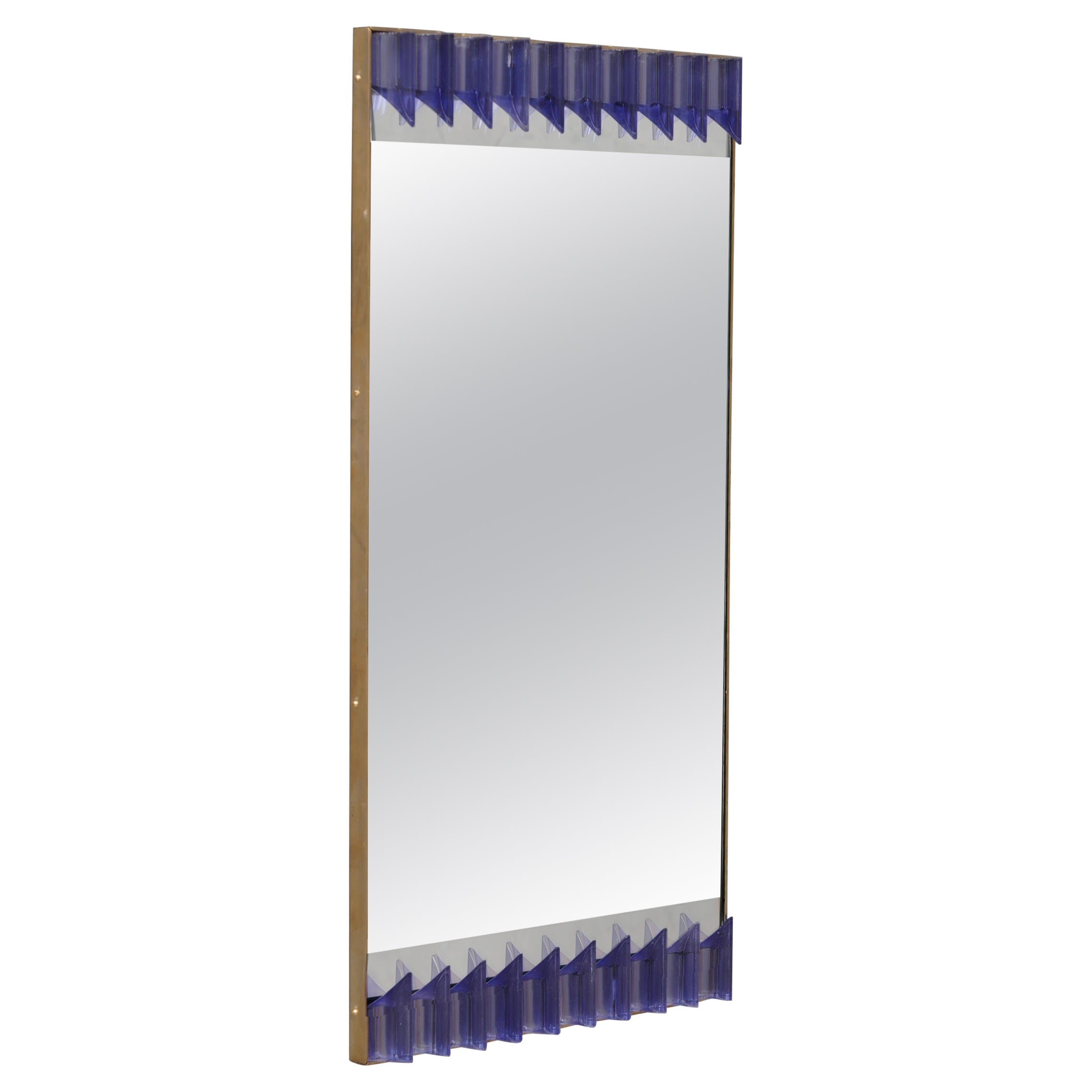 Murano Periwinkle Glass and Brass Mid-Century Wall Mirror, 1990 For Sale