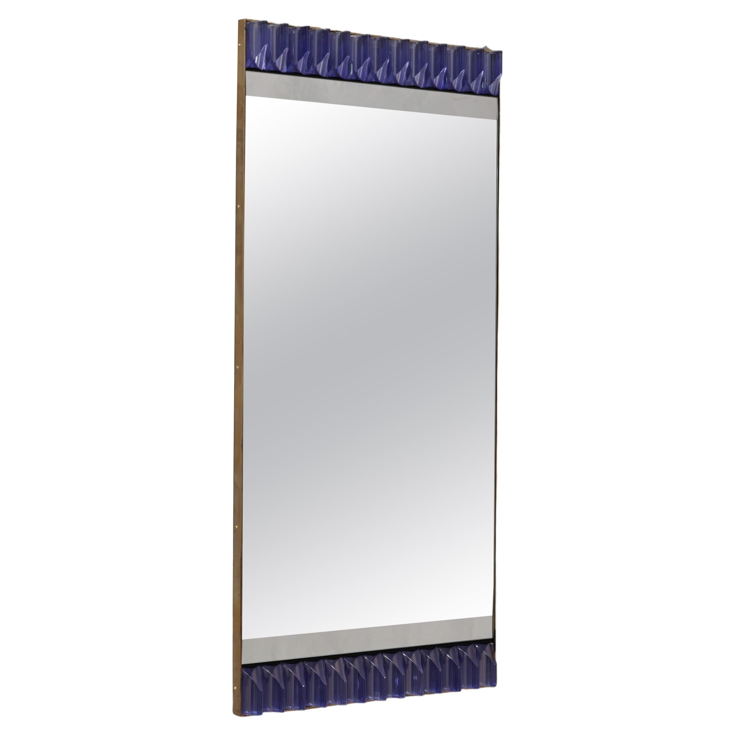 Murano Periwinkle Glass and Brass Mid-Century Wall Mirror, 1990 For Sale