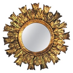 Spanish Brutalist Sunburst Mirror in Gilt Metal, 1950s