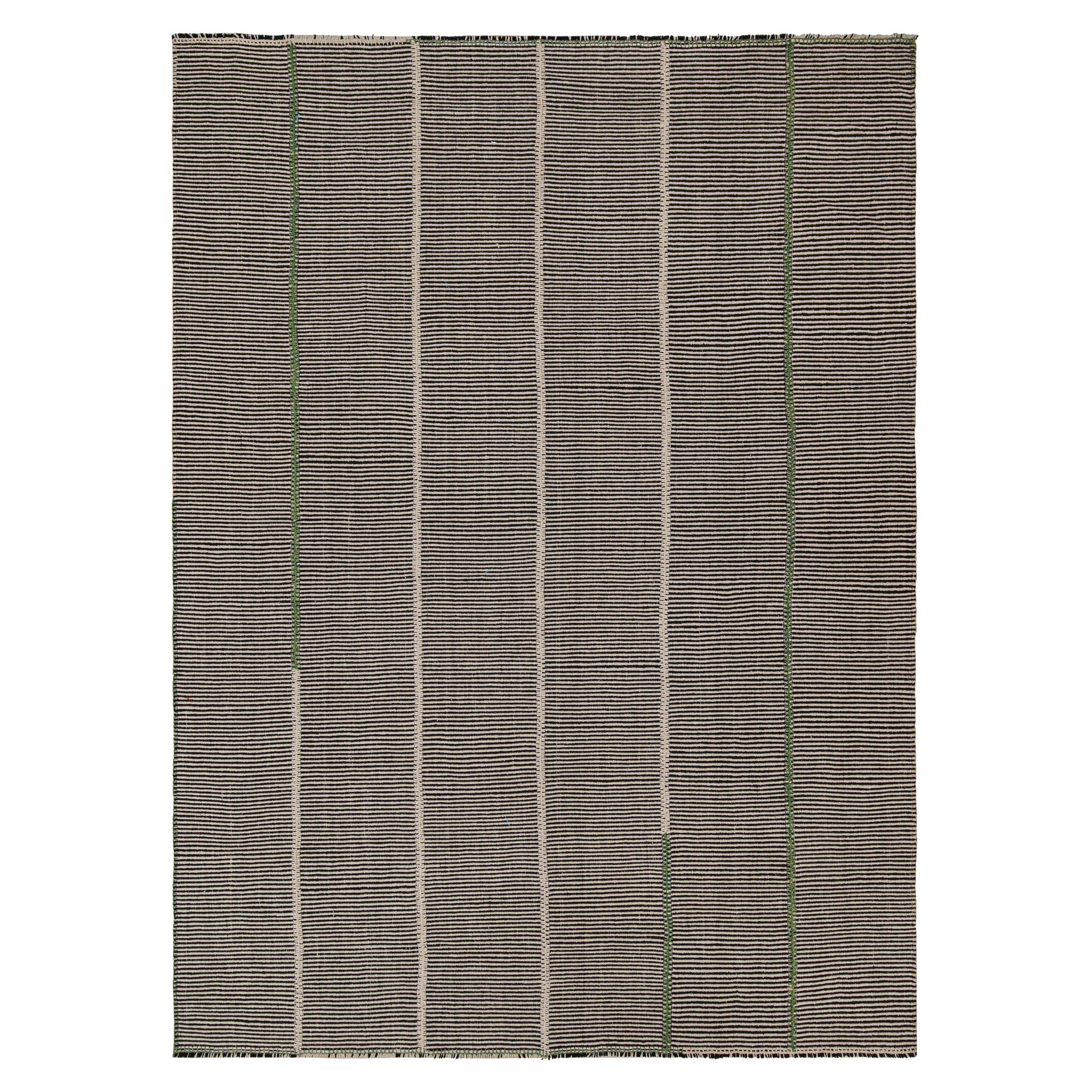 Rug & Kilim’s Contemporary Kilim Rug in Black, Beige and Green Stripes For Sale
