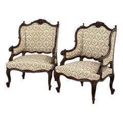 Pair 19th Century French Louis XV, Regence Armchairs, Bergeres