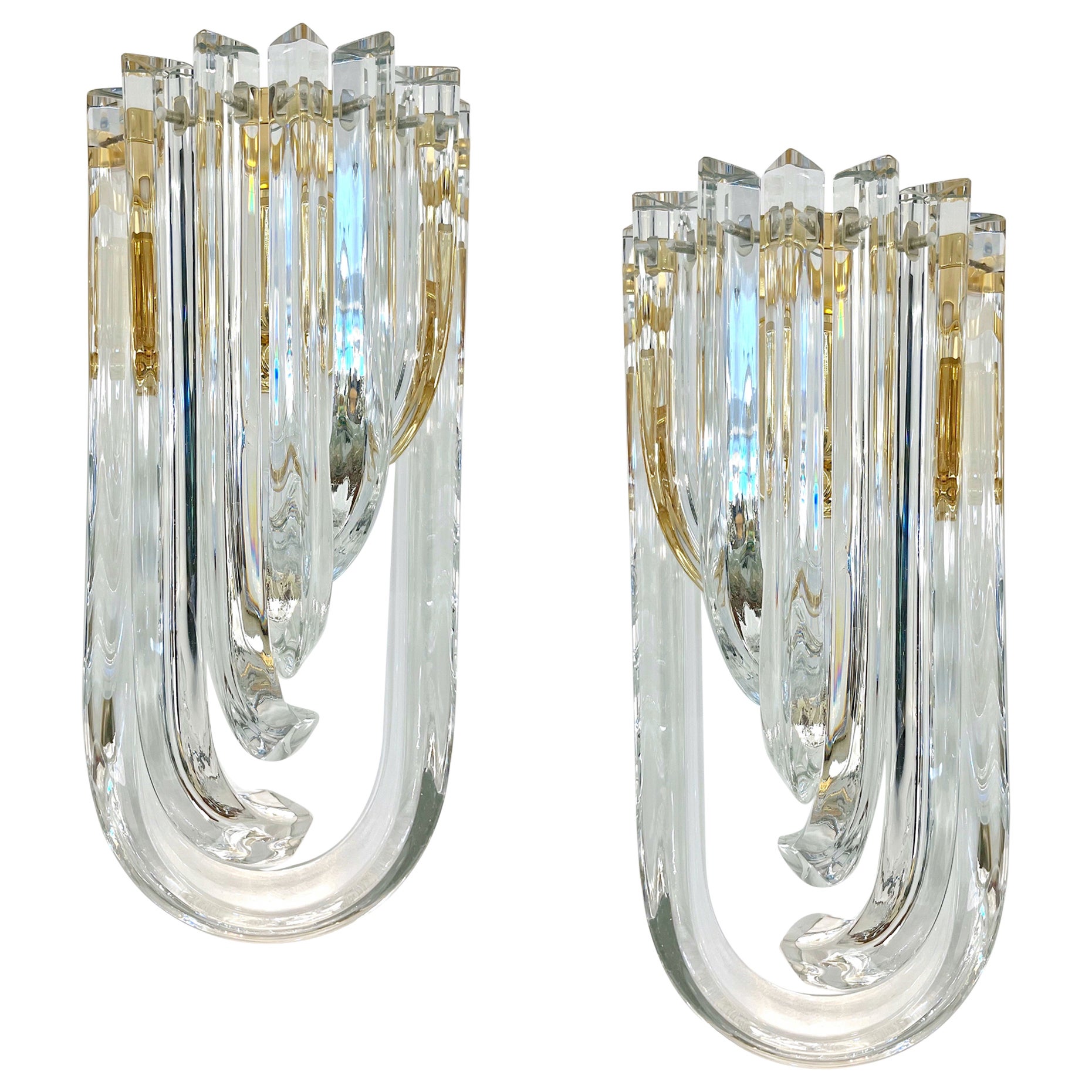 Italian Modern Pair of Translucent Crystal Murano Glass Brass Curved Sconces For Sale
