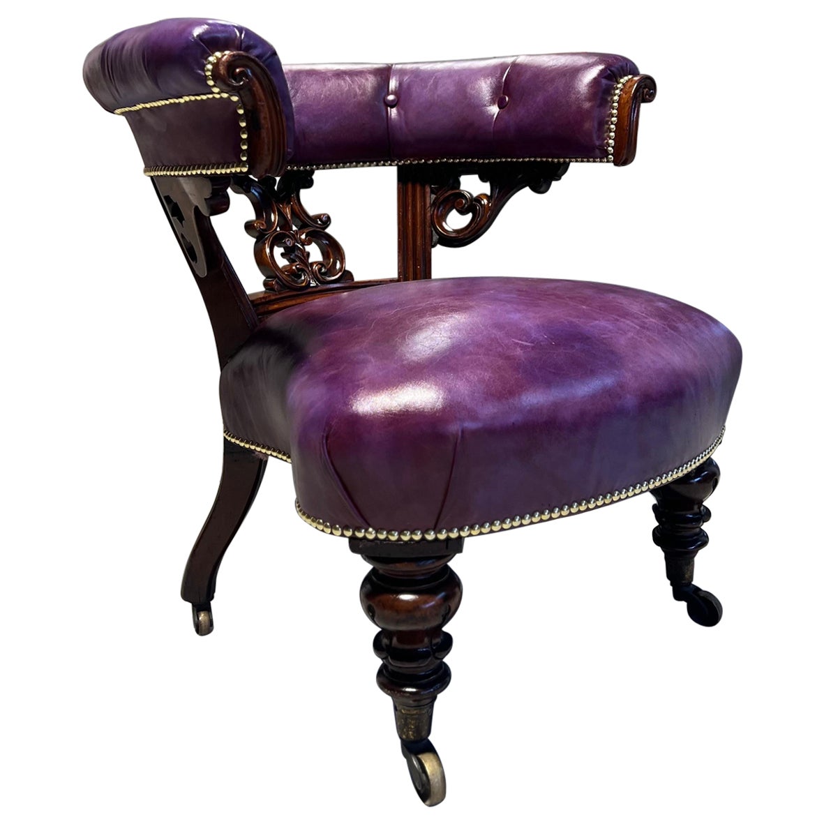 Chaise de capitaine de bibliothèque ancienne du 19ème siècle - restaurée en cuir teint à la main