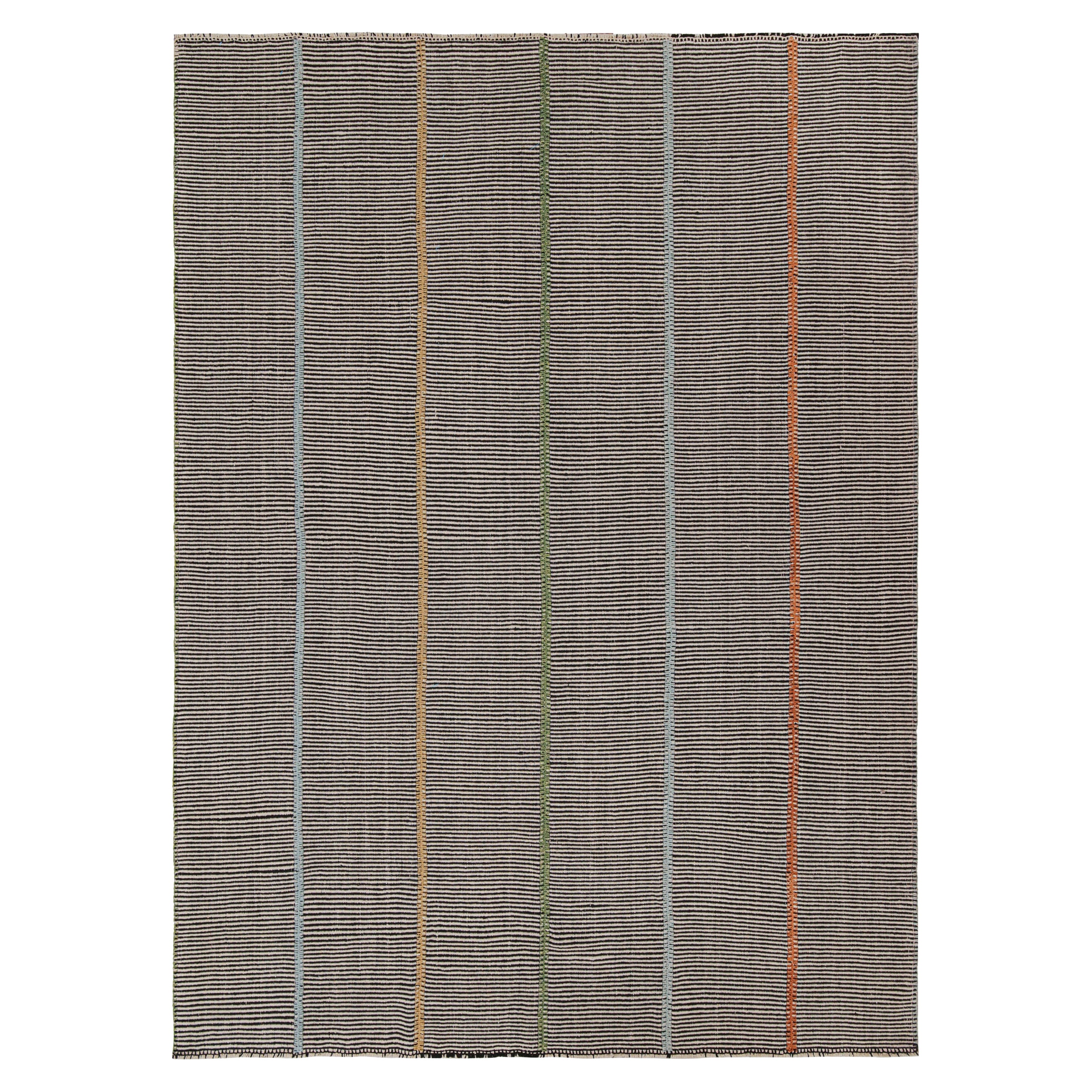 Rug & Kilim’s Contemporary Kilim Rug in Beige and Black with Multicolor Stripes For Sale