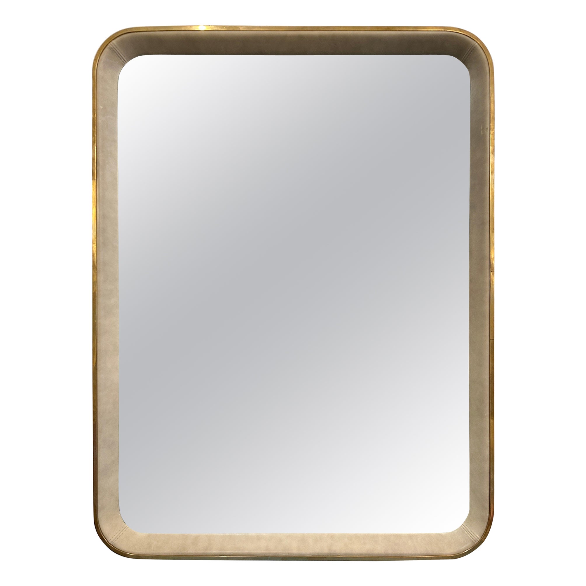 Vintage Brass and Stitched Leather Frame Oversized Mirror For Sale