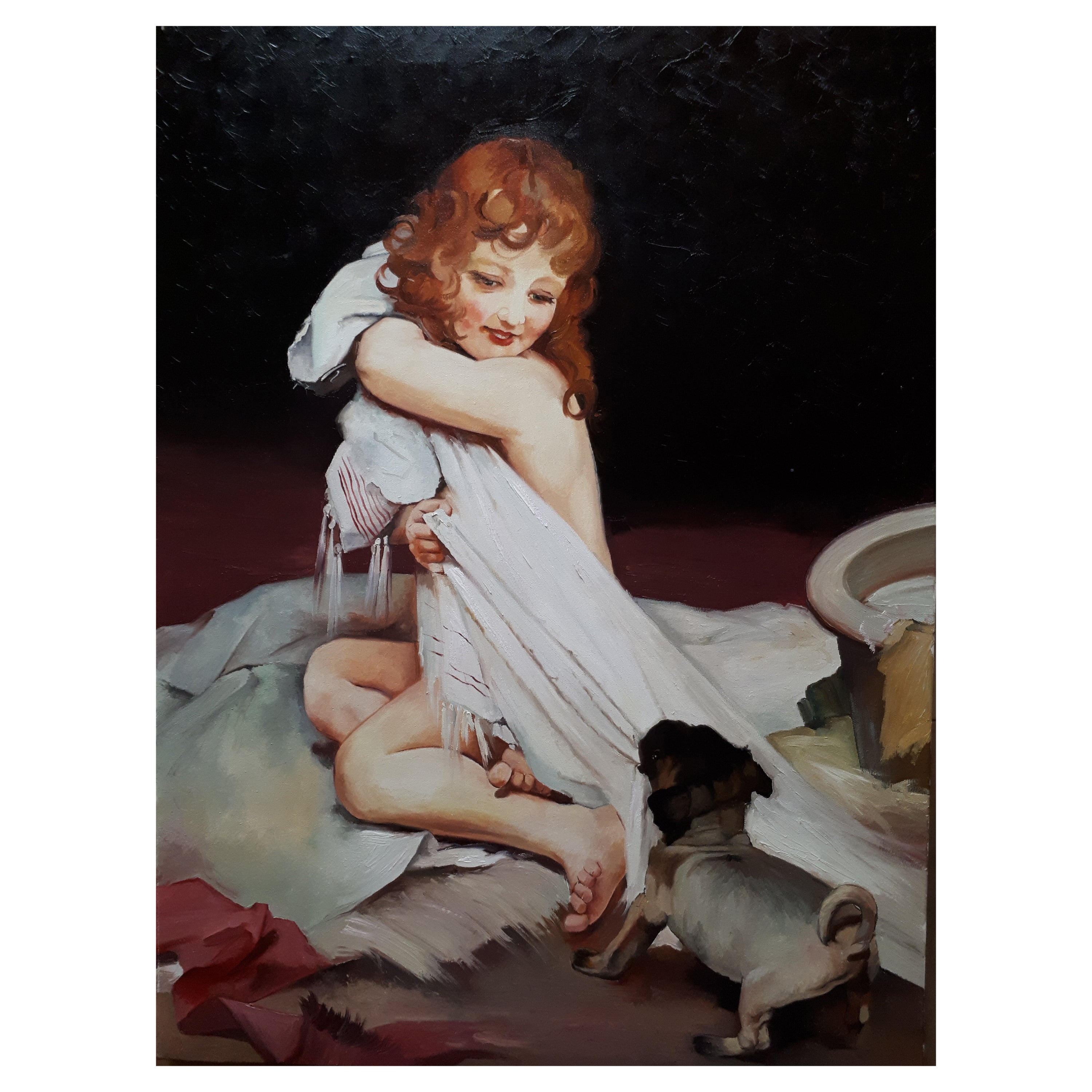 Spanish School 20th Century "Girl with the Dog" Signed For Sale