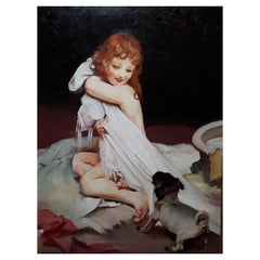 Vintage Spanish School 20th Century "Girl with the Dog" Signed