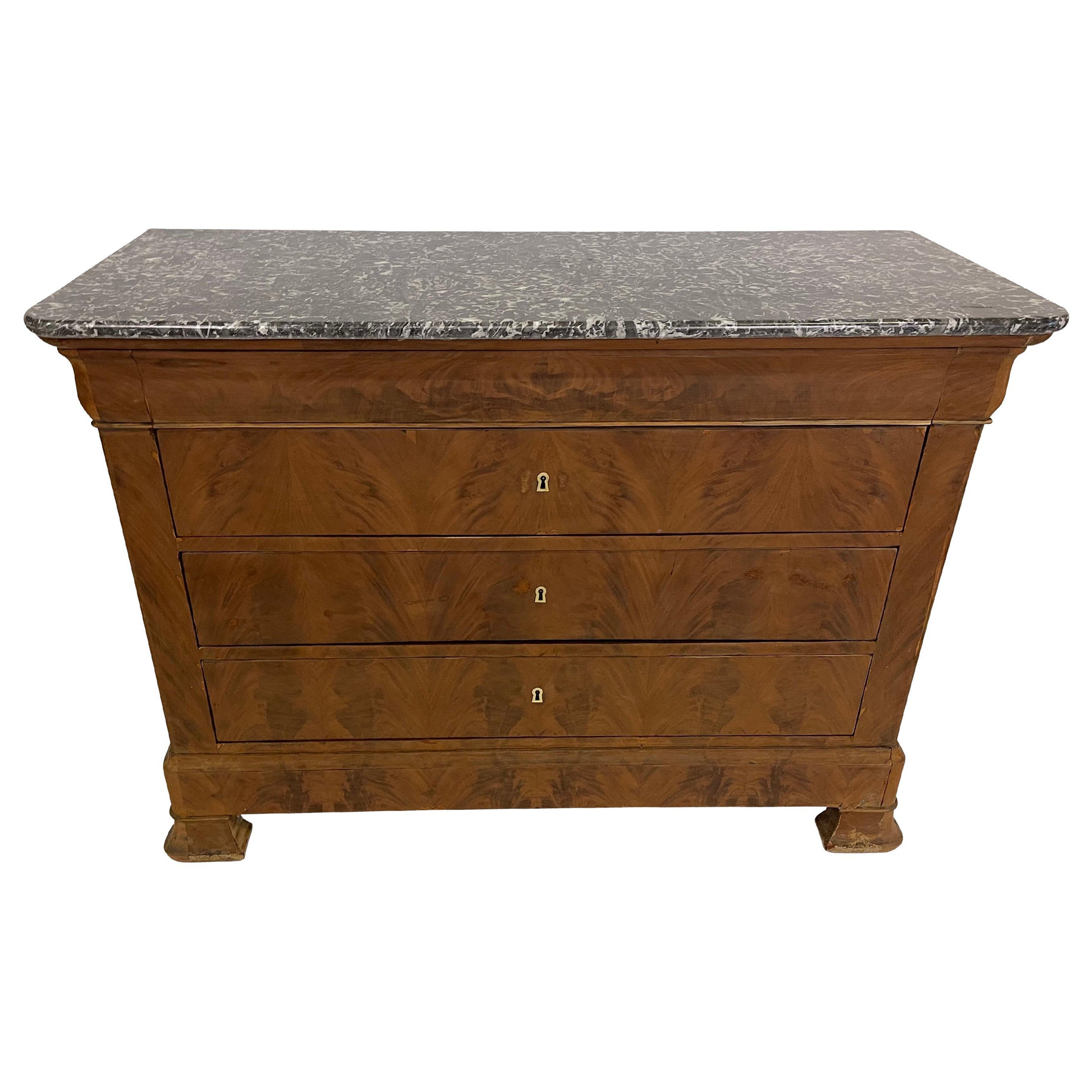 Louis Phillipe Commode in Bleached Burled Walnut with Grey Marble Top For Sale