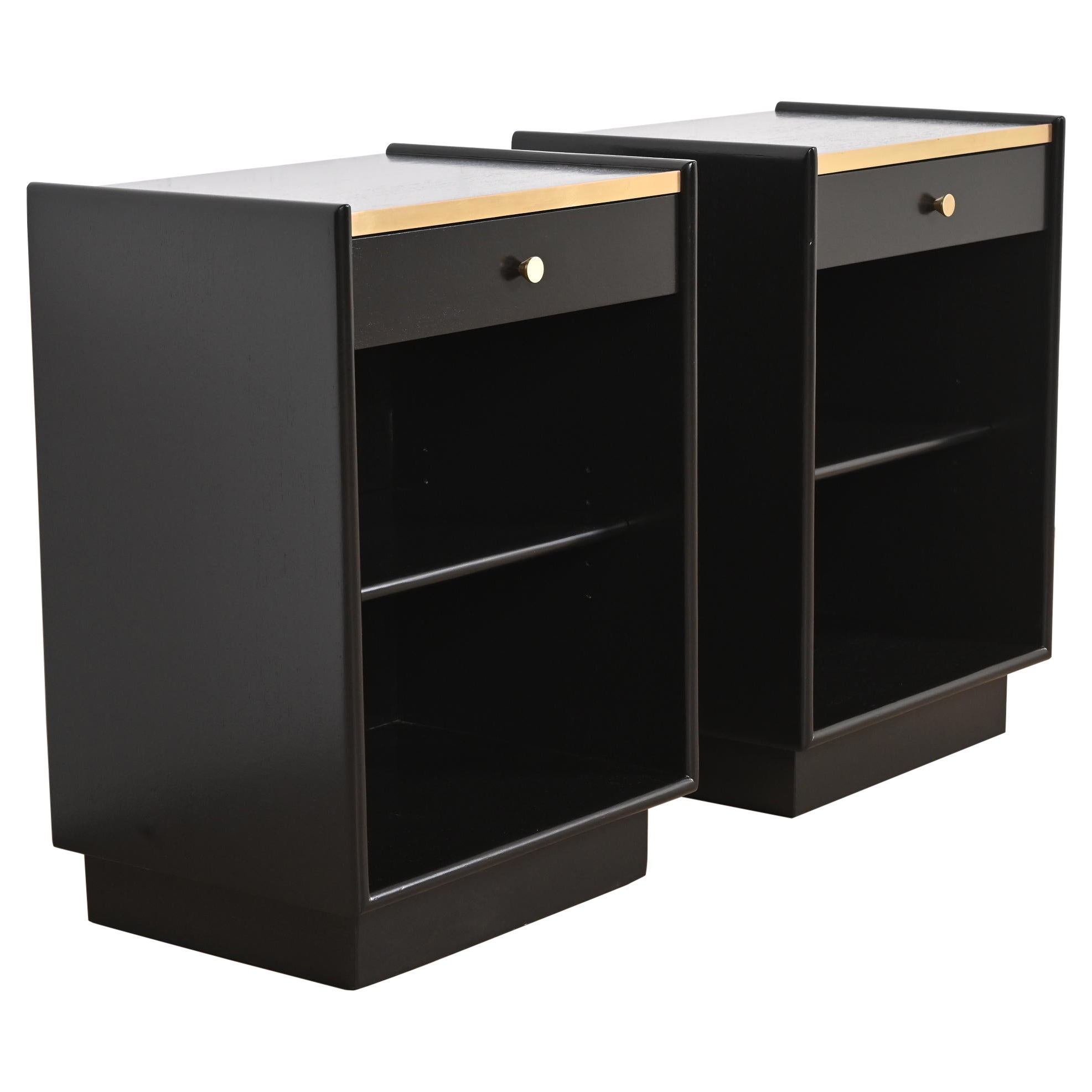Harvey Probber Black Lacquered Mahogany and Brass Nightstands, Newly Refinished