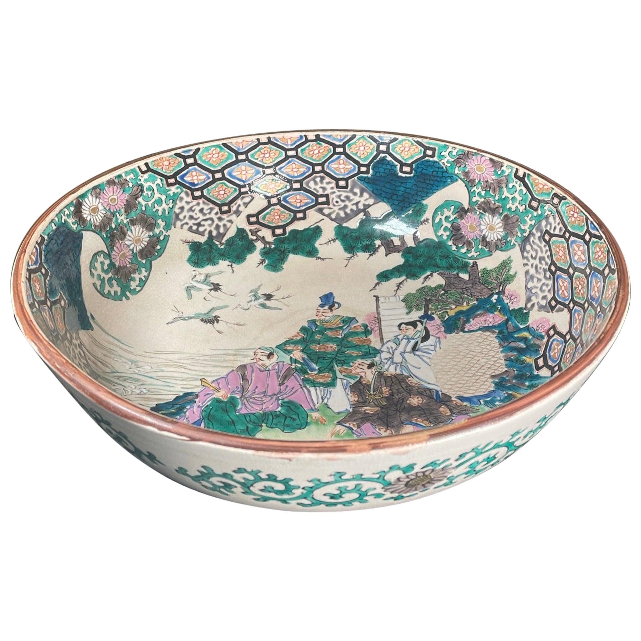 Japan Large Antique Hand Painted Kutani Garden Bowl, Brilliant Colors For Sale