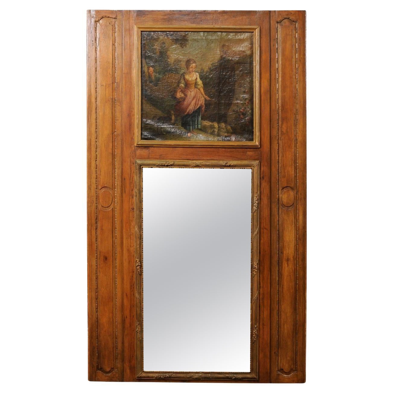 French Late 18th C. Trumeau Mirror w/Oil Canvas Painting of Maiden w/Dog & Sheep For Sale