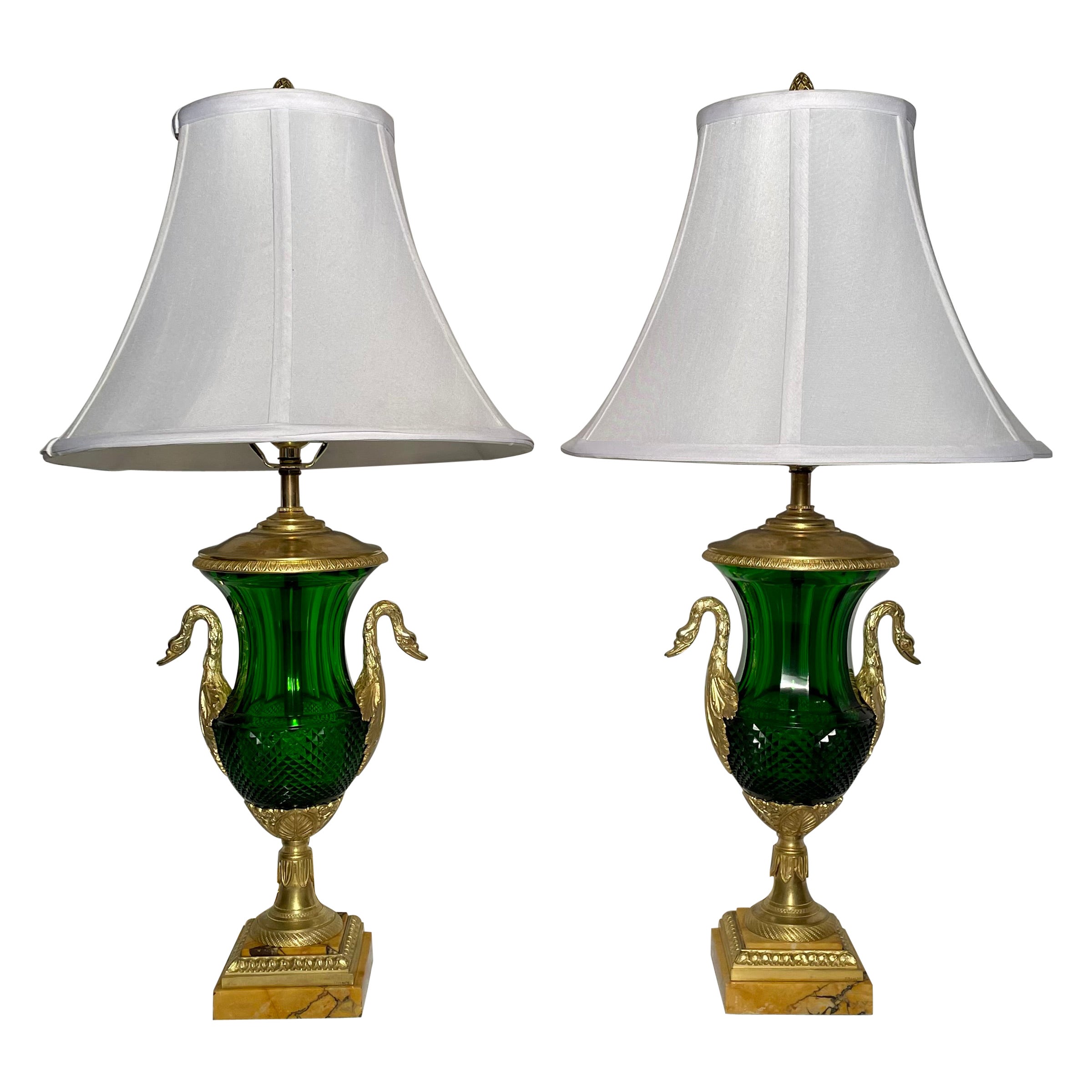 Pair Antique French Emerald Colored Baccarat Crystal & Gold Bronze Lamps, c 1890