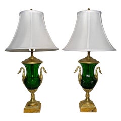 Pair Antique French Emerald Colored Baccarat Crystal & Gold Bronze Lamps, c 1890