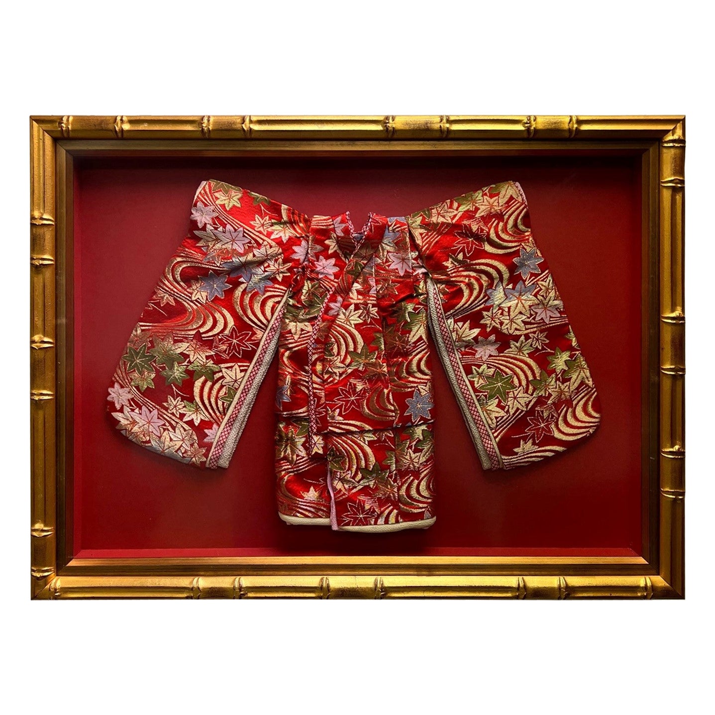 Vintage Embroidered Japanese Ceremonial Child's Kimono in a Gold Bamboo Frame For Sale