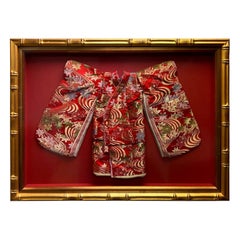 Retro Embroidered Japanese Ceremonial Child's Kimono in a Gold Bamboo Frame