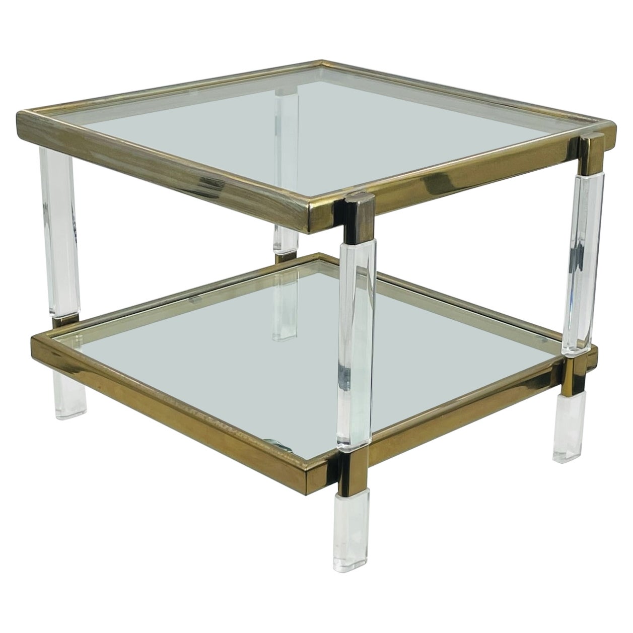 Lucite, Brass & Glass 2 Tier Table by Charles Hollis Jones For Sale