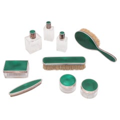 Used Green Guilloche Enamel Vanity Set, circa 1930