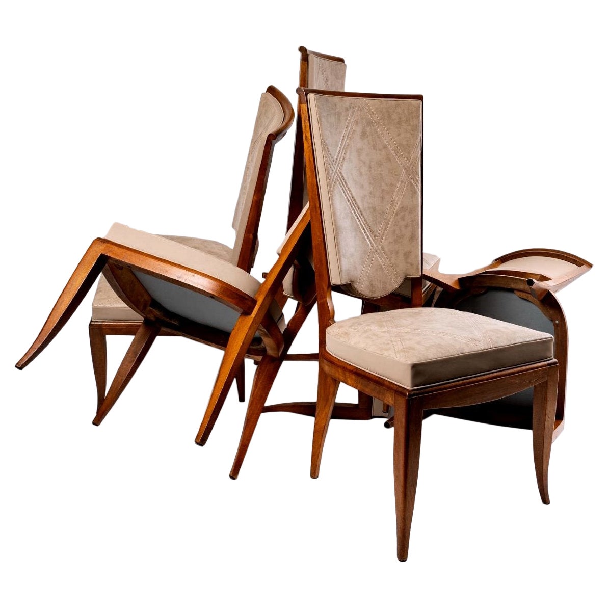 Suite of Six Cabriolet Teak Chairs in Jules Leleu Taste, Period: 20th Century For Sale