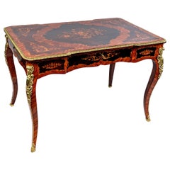 Magnificent Flat Desk - Louis XV Style - Precious Wood Marquetry -Golden Bronzes