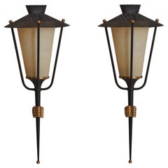 Pair of French 1950s Torchiere Lantern Sconces by Maison Arlus