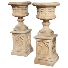 Pair of Finely Cast French Gothic Vases on Matching Pedestals