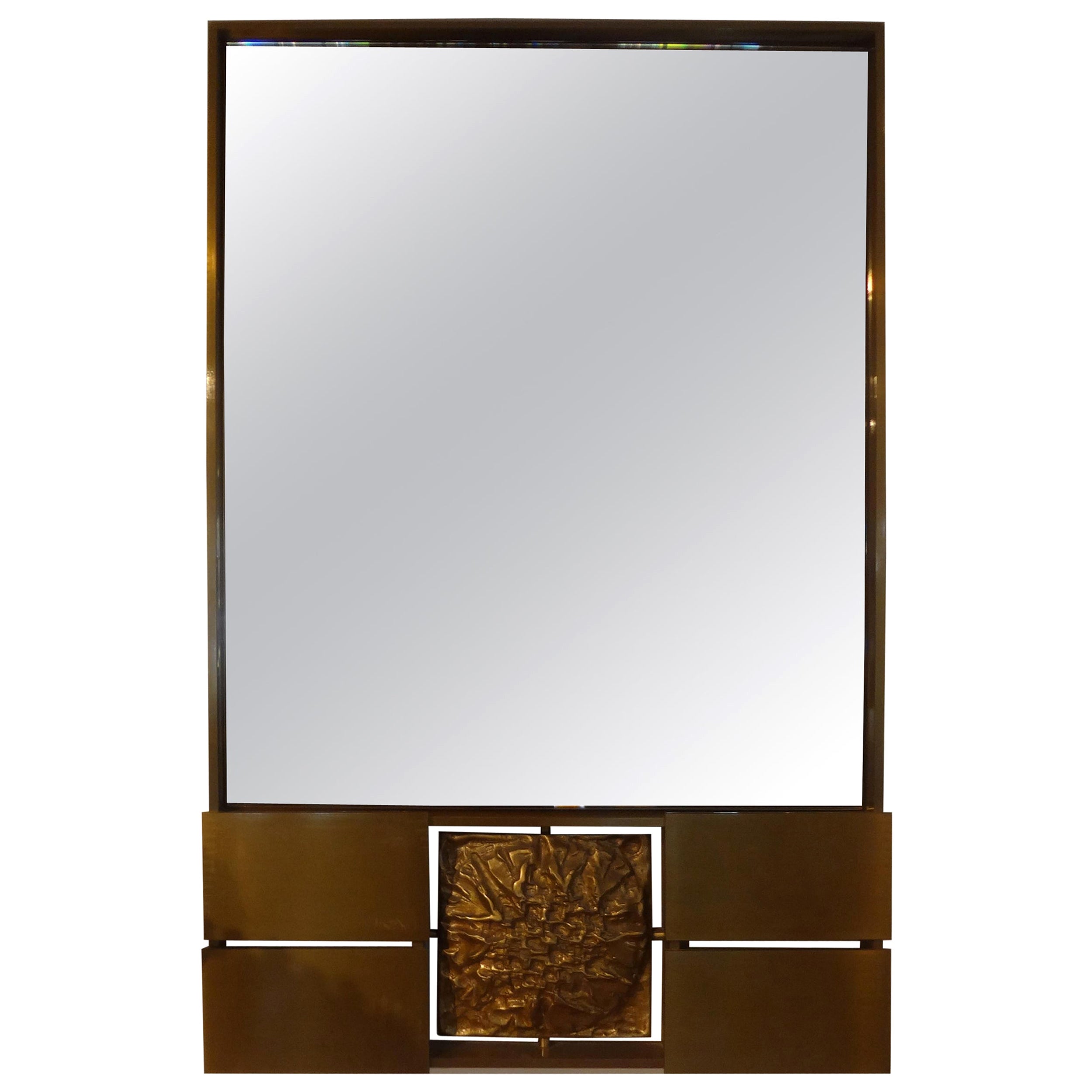 Italian Brutalist Sculptural Brass Mirror by Luciano Frigerio For Sale