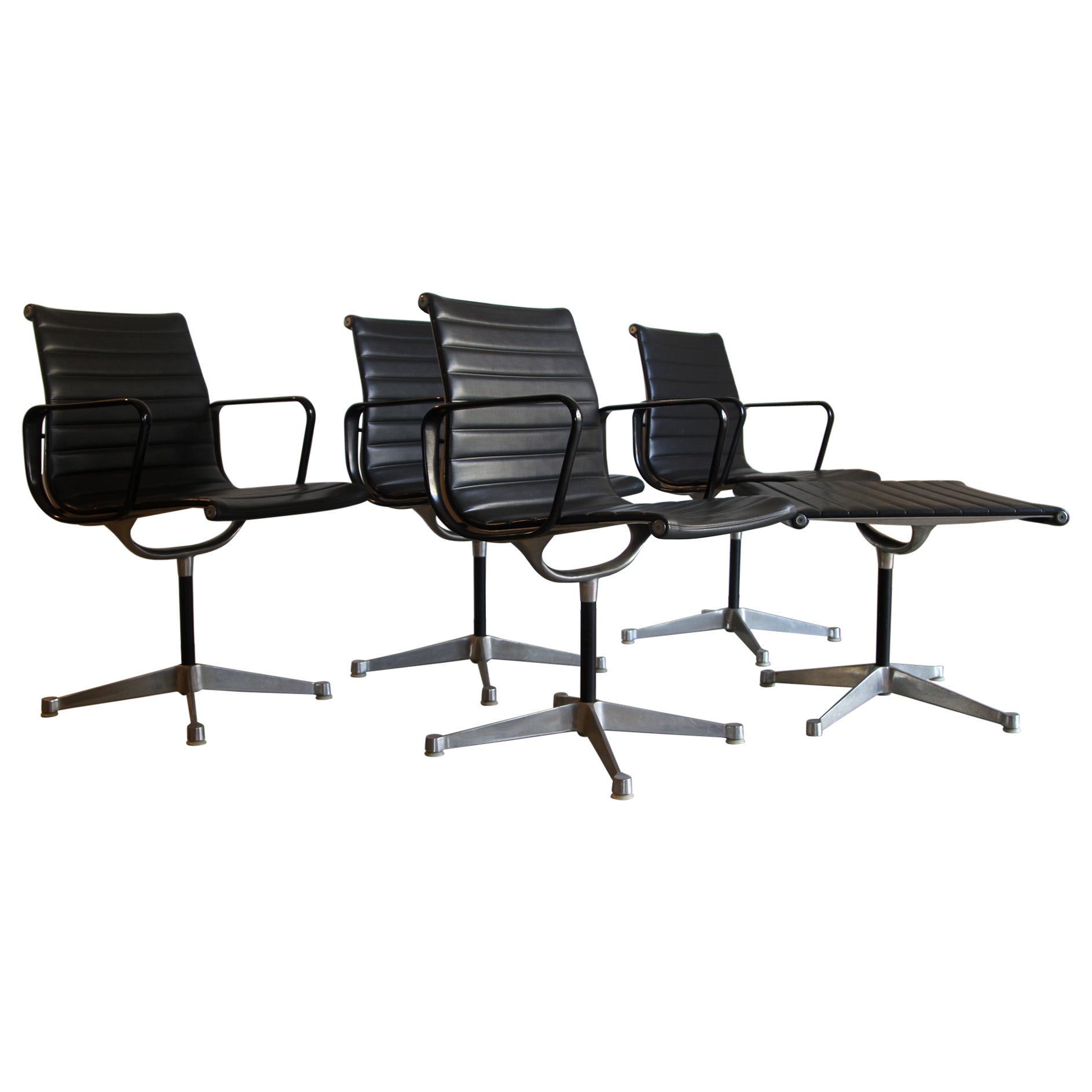 Eames Aluminum Group Black Leather Chairs Herman Miller 4 Available For Sale