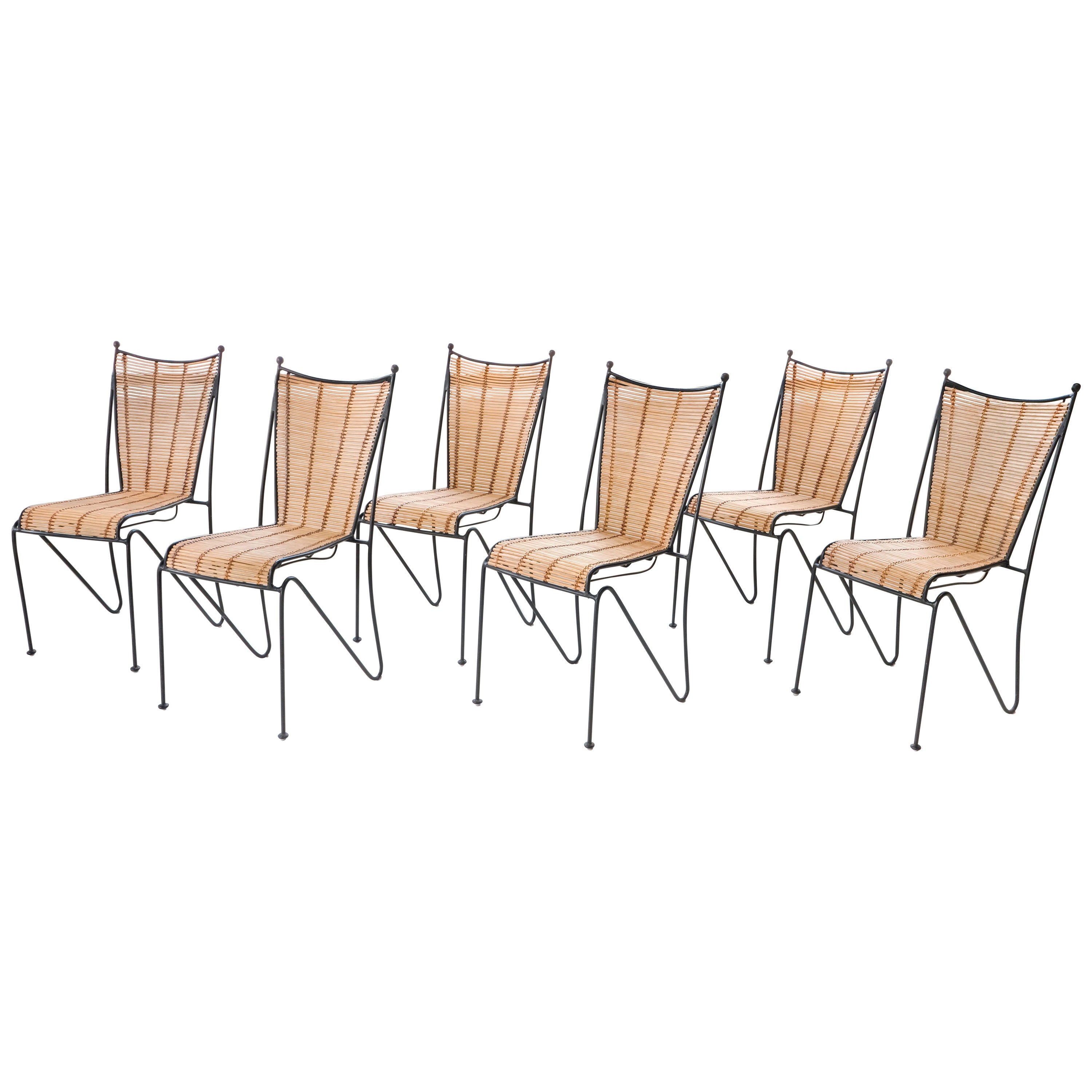Pipsan Saarinen Swanson Iron & Rattan Set of 6 Chairs, Ficks Reed, 1950s