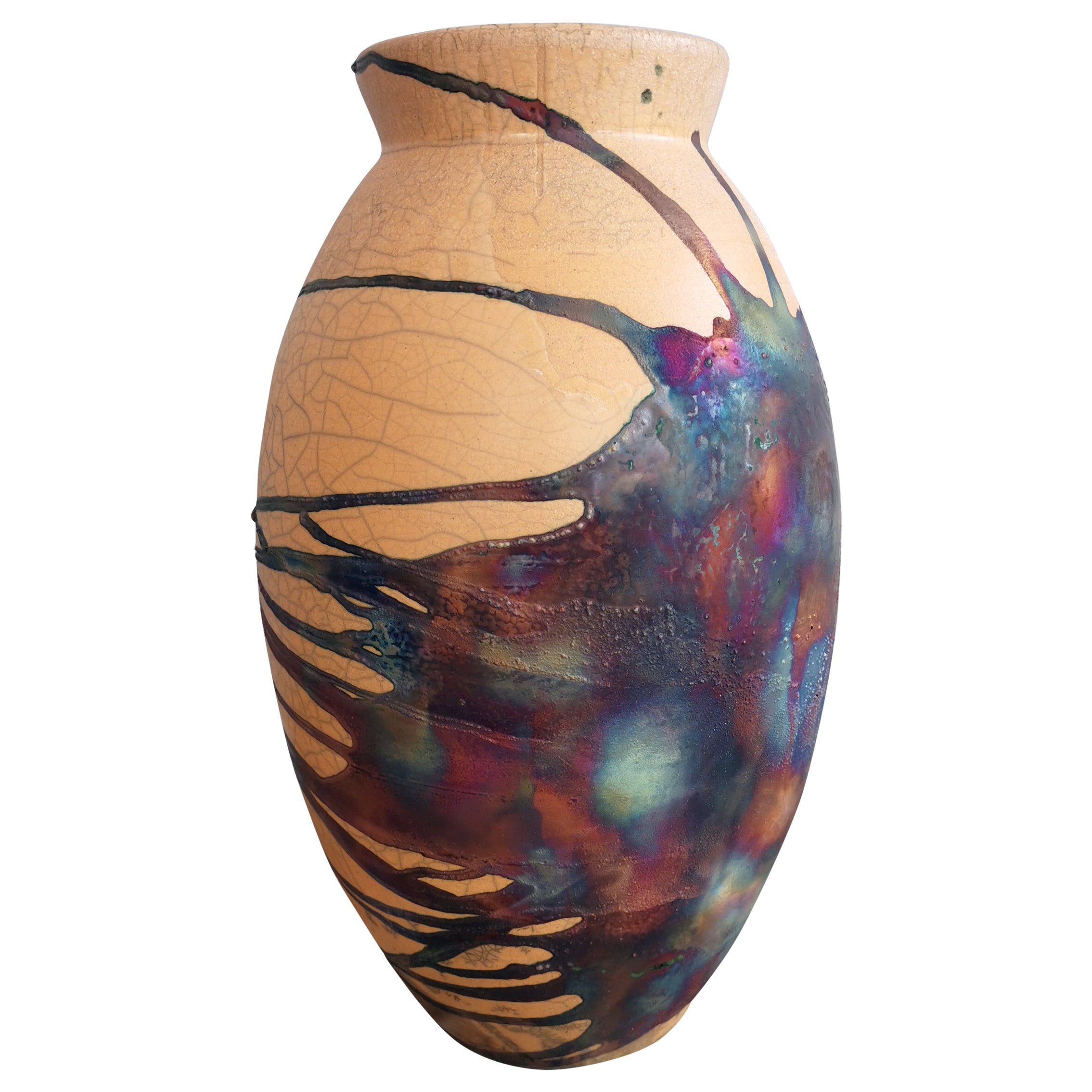 Raaquu Raku Fired Large Oval Vase S/N0000490 Centerpiece Art Series, Malaysia For Sale
