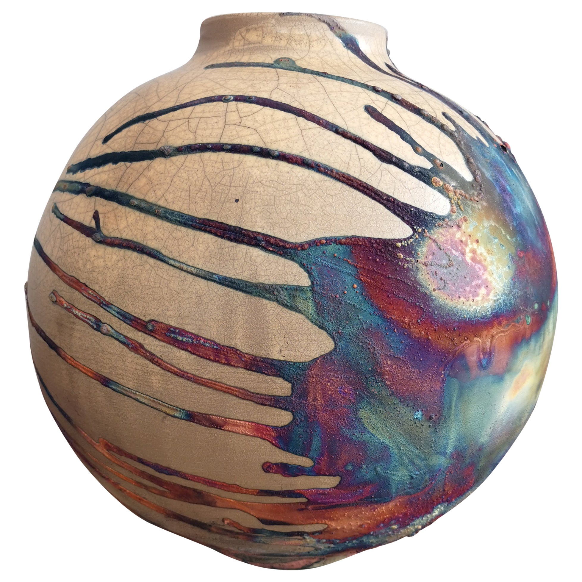 Raaquu Raku Fired Large Globe Vase S/N0000413 Centerpiece Art Series