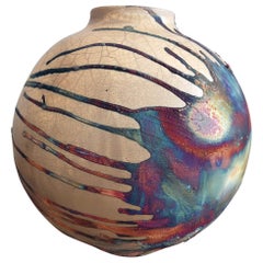 Raaquu Raku Fired Large Globe 11"" Vase S/N0000413 Centerpiece Art Series
