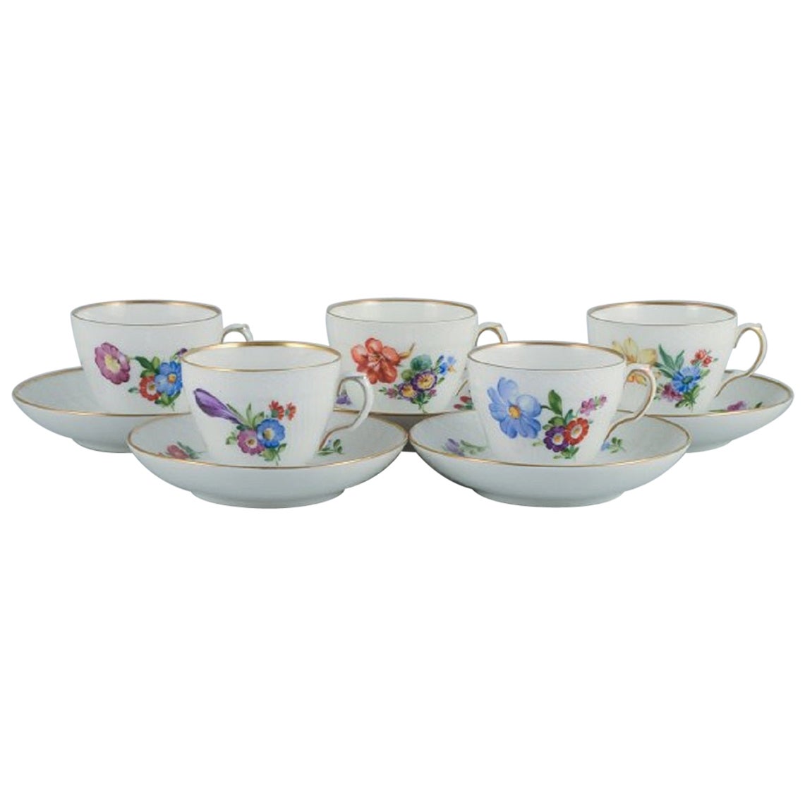 Royal Copenhagen, Saxon Flower, Five Coffee Cups with Saucers For Sale