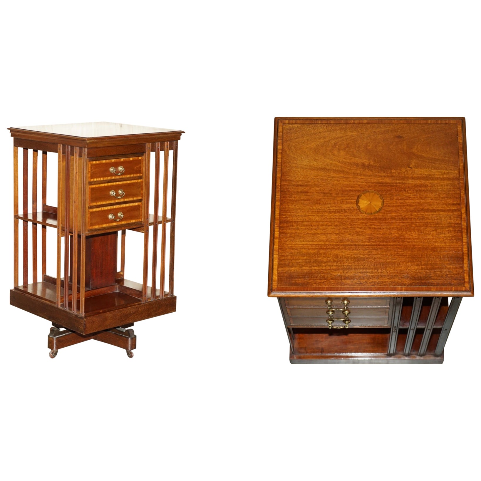 Fully Restored Antique Victorian Walnut Revolving Bookcase Book Table Drawers For Sale