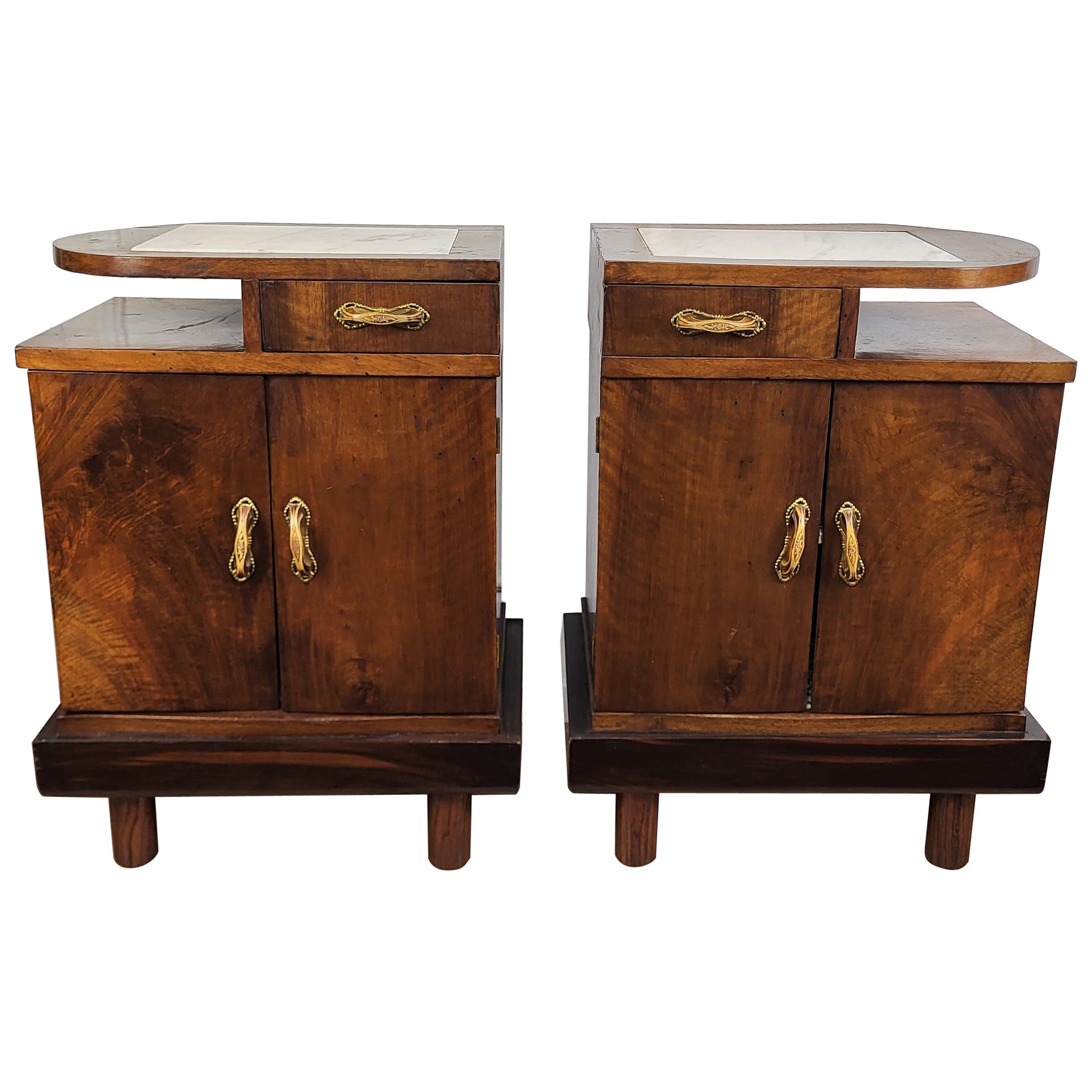 Pair of Italian Art Deco Nightstand bedside Tables in Burl Walnut and Marble Top